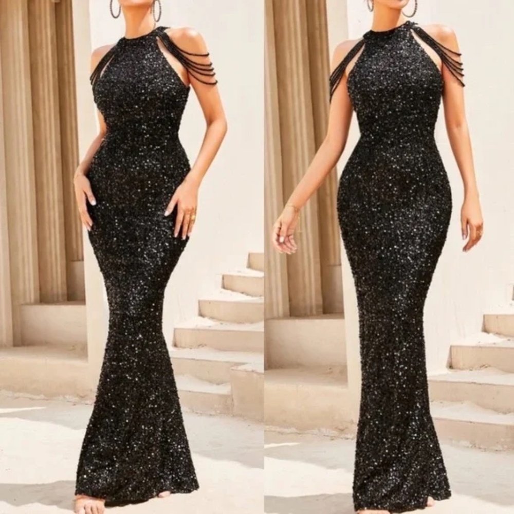 Luxe champagne Sequin Rhinestone Halter Formal Black Tie Wedding Dress - Picture 12 of 16